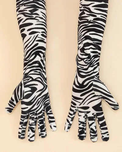 Vista 3 de BXT Guantes largos de terciopelo con estampado de leopardo y cebra para mujer, accesorios de disfraz de Halloween