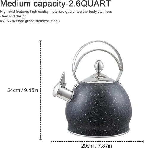 Vista 7 de Creative Home - Tetera silbante de acero inoxidable de 2.5 cuartos de galón con fondo de aluminio capsulado para hervir rápidamente agua caliente