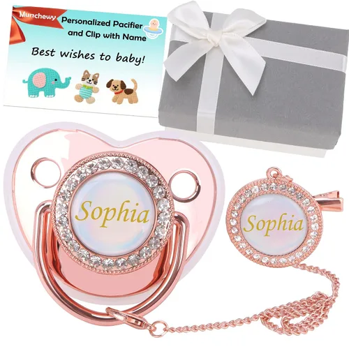 Vista 11 de Chupete personalizado con nombre, juego de clip para chupete dorado brillante con caja de regalo, tarjeta de felicitación, lujoso chupete de cristal