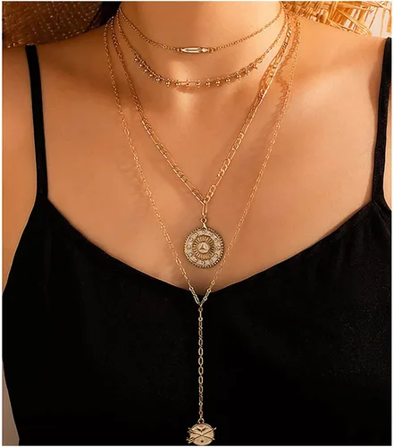 Vista 2 de Andelaisi Gargantilla de monedas de disco en capas estilo bohemio, collar vintage con dije de medallón, moneda, collar largo de oro con cadena