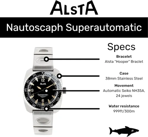 Vista 6 de Alsta Reloj de buceo superautomático de acero inoxidable Nautoscaph de 1.496in en pulsera Hooper, Nautoscaph - Hooper (acero inoxidable)