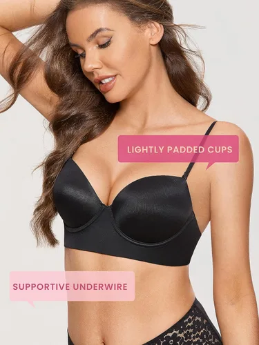 Vista 4 de DOBREVA Women's Backless Bra Low Back Halter Lightly Padded T Shirt Bras Underwire Full Coverage