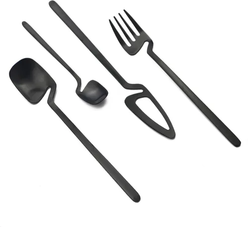 Vista 2 de Juego de cubiertos negros de 24 piezas de cubiertos negros para colgar, utensilios de acero inoxidable, incluye cuchillo, tenedor/cuchara, acabado