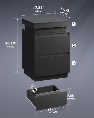 Vista 3 de WLIVE Mesita de noche negra con estación de carga y luces LED, mesita de noche con 2 cajones de madera y parte superior deslizante, mesa auxiliar