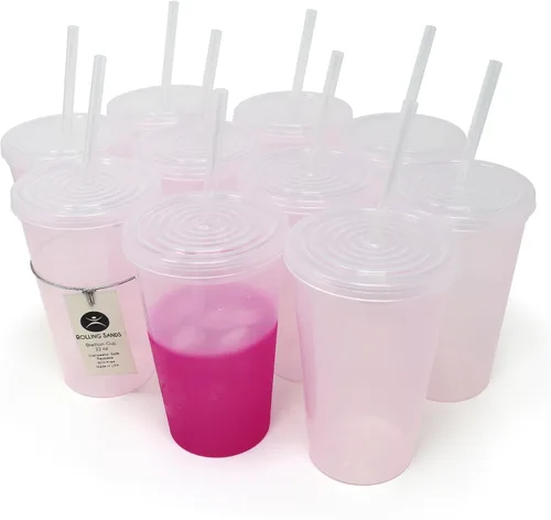 Vista 11 de Rolling Sands Vasos de plástico reutilizables de 22 onzas con tapas, paquete de 10, vasos variados fabricados en Estados Unidos; incluye 10 popotes