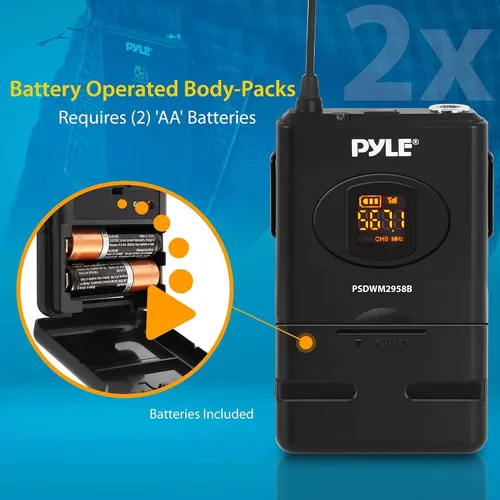 Vista 4 de Pyle Sistema de micrófono inalámbrico UHF compacto Pro portátil de doble canal de escritorio digital con 2 transmisores de cinturón, receptor, 2