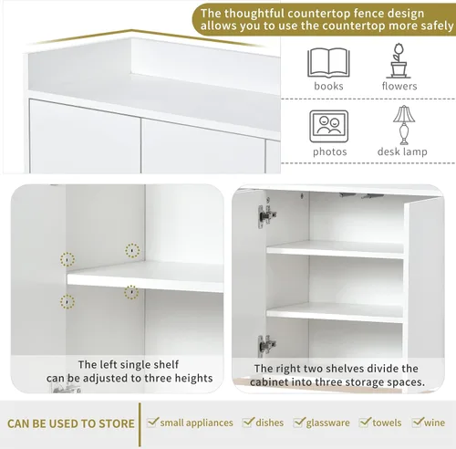 Vista 6 de Aparador moderno de gran espacio de almacenamiento con puerta de ratán artificial, mesa de consola con 4 puertas y estante ajustable, mesa de Blanco