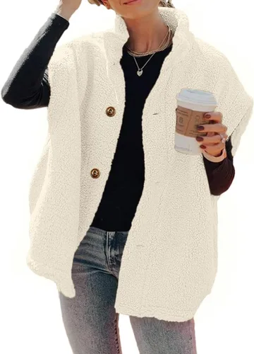 Vista 59 de Hongqizo - Chaleco de forro polar mullido para mujer, casual, de gran tamaño, cálido, con botones, chaqueta de sherpa con bolsillos