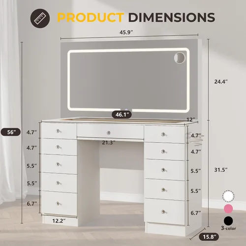 Vista 7 de Otterease Vanidad de maquillaje, espejo de tocador de 11 cajones con luces, escritorio de maquillaje con 3 modos de iluminación de brillo ajustable