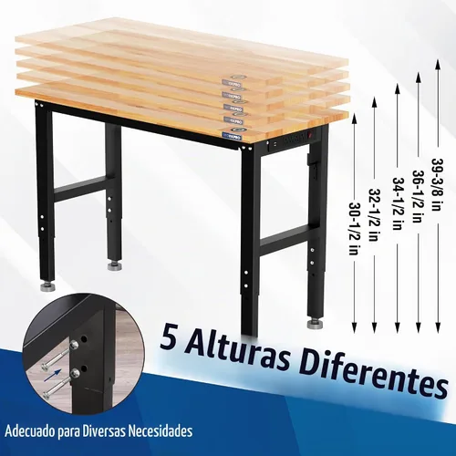 Vista 3 de WORKPRO Banco de trabajo de garaje ajustable, escritorio de trabajo resistente con parte superior de madera de goma de 48 x 22 pulgadas, con tomas