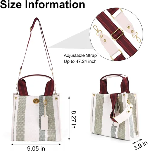 Vista 6 de Bolso de lona para mujer, bolso cruzado estilo hobo, bolso casual de lona, bolso de hombro con asa superior, color a rayas