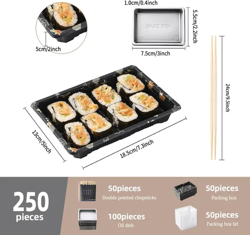 Vista 2 de Juego de vajilla desechable para 50 bandejas recipientes de sushi con tapas de 7.3 x 5.1 pulgadas, cajas desechables para sushi para llevar, 50