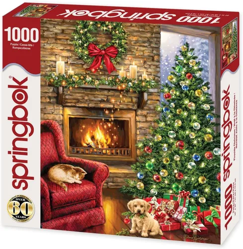 Vista 2 de Springbok - Fireside Christmas - Rompecabezas de 1000 piezas - Ilustración temática navideña con decoración navideña y amigos peludos