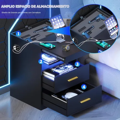 Vista 4 de 2 Set LED Nightstand with Charger Station & Gun Drawer & Auto Sensor, Black Negro juego de 2