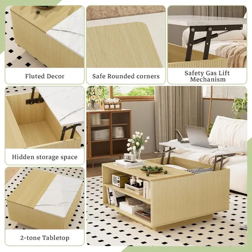 Vista 5 de Mesa de centro elevable con almacenamiento, mesa cuadrada central de madera natural estriada con almacenamiento abierto, mesa central para sala