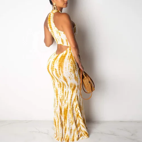 Vista 2 de Vestido largo para mujer, sin mangas, con cuello halter y abertura en la espalda, estampado floral y vintage, para fiestas, la playa y para la noche.