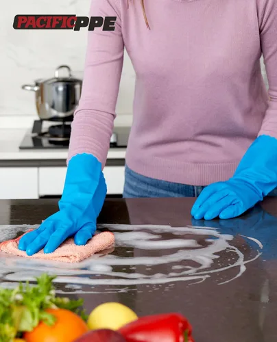 Vista 8 de PACIFIC PPE 4 pares de guantes de limpieza reutilizables para lavavajillas, hogar, cocina, forro de algodón, azul, talla S