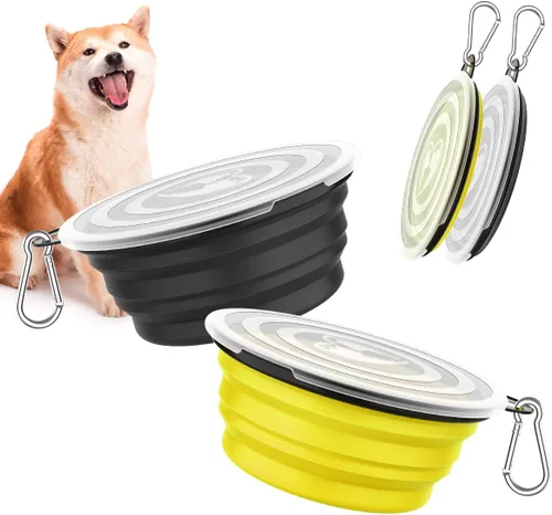 Vista 10 de Pawaboo Cuencos plegables 2 en 1 para perros, cuencos dobles para comida y agua, cuenco de silicona portátil de 180° con gancho de metal, comedero