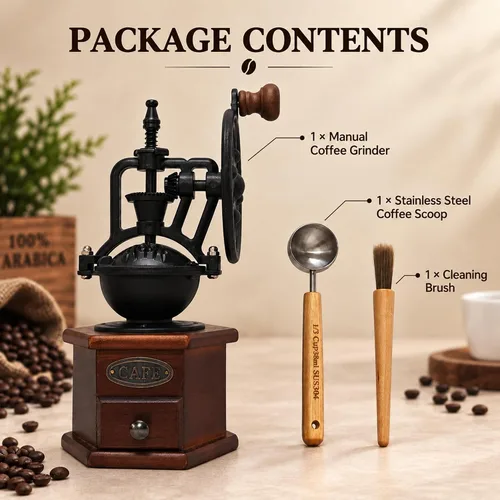 Vista 2 de Molinillo de café manual vintage con manivela de rueda de hierro fundido, molinillo de café de madera con rebabas de cerámica, tamaño de molienda