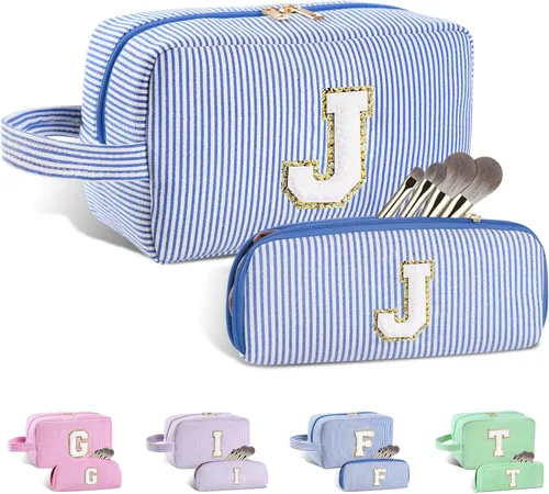 Vista 195 de Bolsa de maquillaje personalizada con inicial A-Z para mujeres, niñas y niños, bolsa de aseo de viaje, bolsa de maquillaje preparada, bolsa