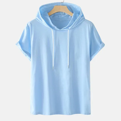 Vista 2 de Mens Cotton T Shirts Short Sleeve Solid Color Hooded Pullover Tops Casual Stylish Regular-Fit Sport Summer Shirt