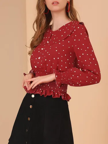 Vista 2 de Allegra K Blusa para mujer con cuello de Peter Pan con estampado de corazón y perlas