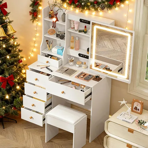 Vista 18 de Escritorio blanco cálido con espejo iluminado LED, mesa de tocador de maquillaje con armario izquierdo iluminado, 6 cajones y taburete, tocador