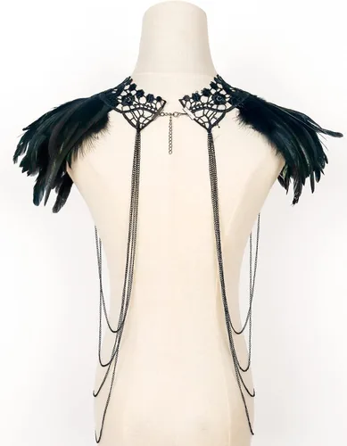 Vista 4 de L'VOW Real Negro Pluma Arnés Collar Collar Collar Babero Halloween