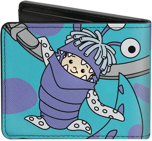 Vista 2 de Billetera Bifold PU Monsters Inc Sulley Manos Boo Monster Colgando En Pose Azul