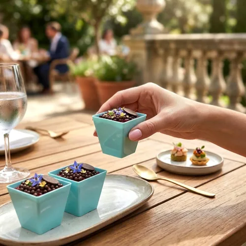 Vista 5 de Restaurantware Mini vaso de postre Kova de 2 onzas, elegantes vasos cuadrados de plástico rosa en polvo: perfecto para servir postres y muestras