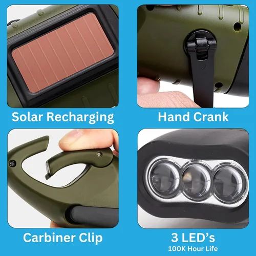Vista 3 de Emblem OD - Linterna LED con manivela de mano solar, linterna de supervivencia recargable de emergencia con manivela dinamo y clip de carbiner.