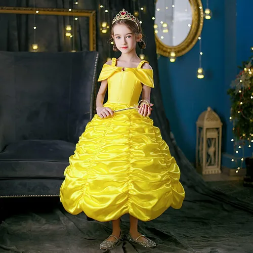 Vista 5 de Vestidos de princesa para niñas, disfraces de Halloween, disfraz de princesa para niñas, amarillo, 3-10 años