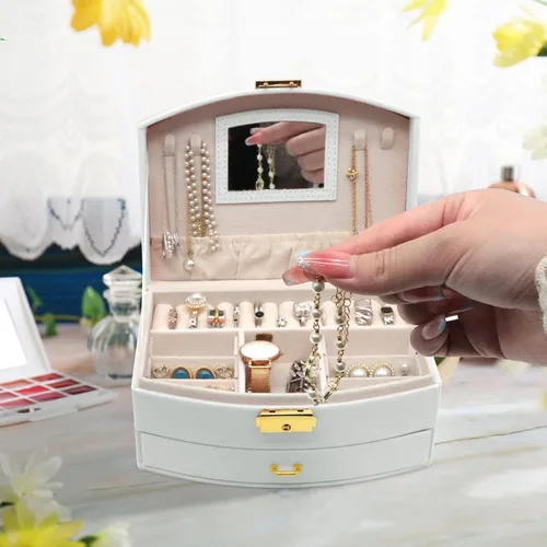 Vista 6 de XKY Organizador de joyas cajas de joyería de 2 capas para mujer caja de joyería de viaje de piel sintética para aretes anillos pulseras collares