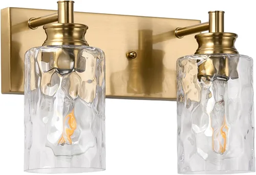 Vista 9 de Accesorios de lámpara de tocador de baño de 2 luces, moderna lámpara de baño dorada cepillada sobre espejo con pantalla de vidrio martillado