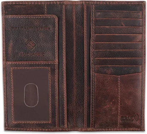 Vista 15 de F&L CLASSIC Billetera de cuero genuino RFID con aspecto vintage, billetera larga plegable para hombres, Retro Estilo cocodrilo marrón