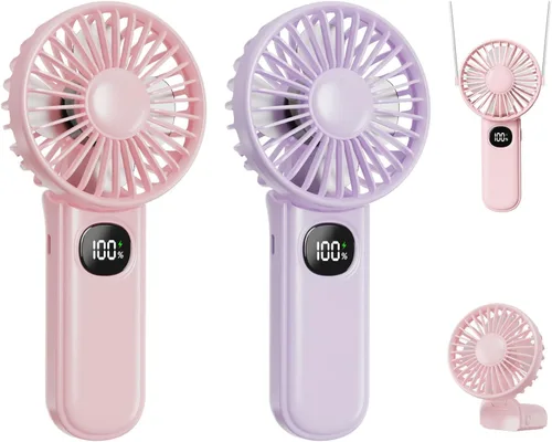 Vista 7 de Ventilador portátil, paquete de 2 ventiladores de mano, ventilador de mano plegable de 180° con cordón, ventilador personal pequeño de 5 velocidades