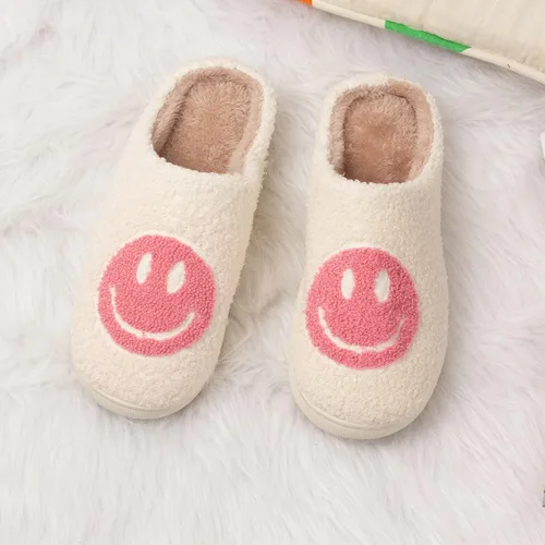 Vista 4 de DepiYorSn Happy Face - Pantuflas retro acogedoras y cómodas de felpa cálidas, pantuflas de invierno suaves y mullidas para interiores con espuma