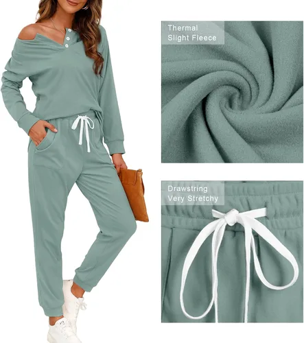 Vista 72 de Wiholl - Conjuntos de dos piezas para mujer: ropa cómoda con sudadera abotonada y pantalones deportivos con bolsillos