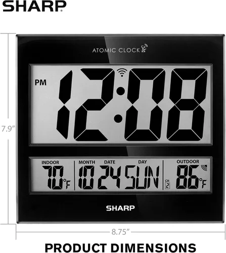 Vista 5 de Sharp Reloj de pared digital atómico, pantalla de 3", sensor de temperatura Negro