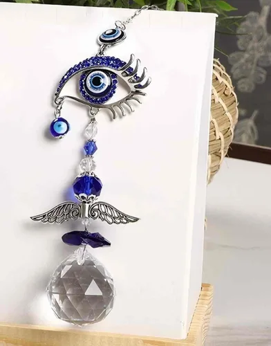 Vista 5 de Colgante de cristal azul con dije de ojo malvado, mariposa, ángel, girasol, talismán, atrapa el sol, hecho a mano, amuleto de buena suerte, oficina