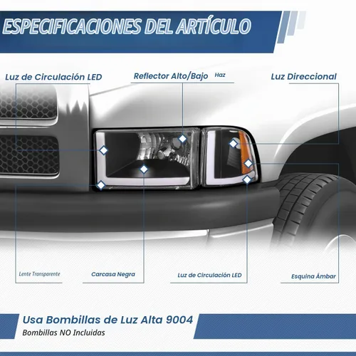 Vista 2 de Auto Dynasty Conjunto de Faros LED DRL Compatible con Dodge Ram 1500 2500 3500 de 1994-2002, 4 Piezas Faros Halógenos de Repuesto con Doble Luz