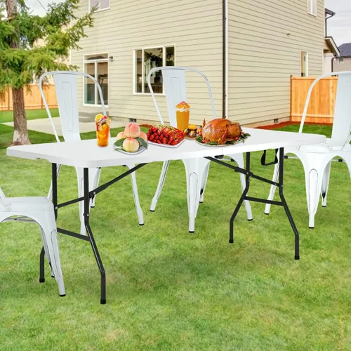 Vista 2 de Mesa plegable portátil de 6 pies plegable por la mitad con asa, soporta hasta 500 libras, mesa de comedor para interiores y exteriores para fiestas