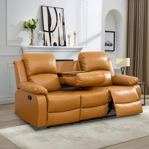 Vista 26 de Juego de Muebles para Sala de Estar, Juego de Sofá Reclinable Manual, Juegos de Sofás Reclinables de Cuero Beige con Mesa Desplegable, Sofá