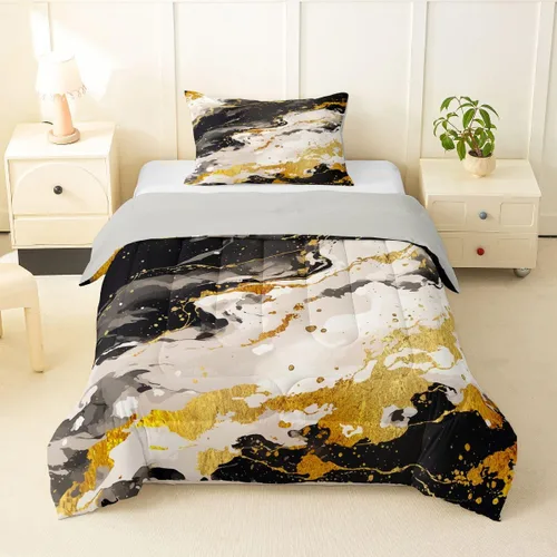Vista 36 de Feelyou Juego de edredón abstracto para todas las estaciones, juego de ropa de cama negro y azul con 1 funda de almohada con estampado de mármol