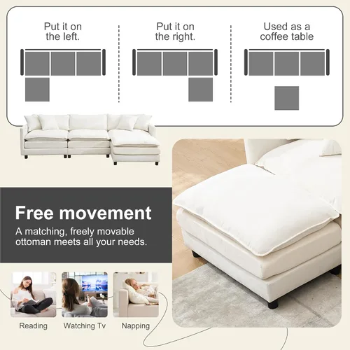Vista 8 de Sofá modular modular de pana de 108.27 pulgadas, moderno juego de sofá para sala de estar con 3 asientos, 1 otomana y 3 almohadas, cómodos sofás