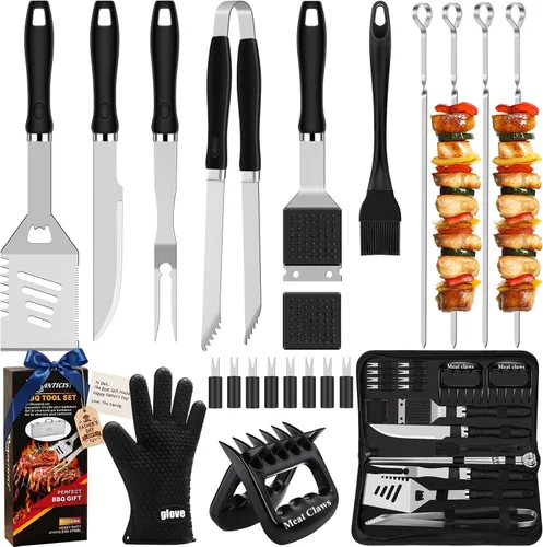 Vista 8 de ROMANTICIST Juego de 27 piezas de utensilios de parrilla resistentes para hombres, papá, Navidad, accesorios de barbacoa extragruesos, kit