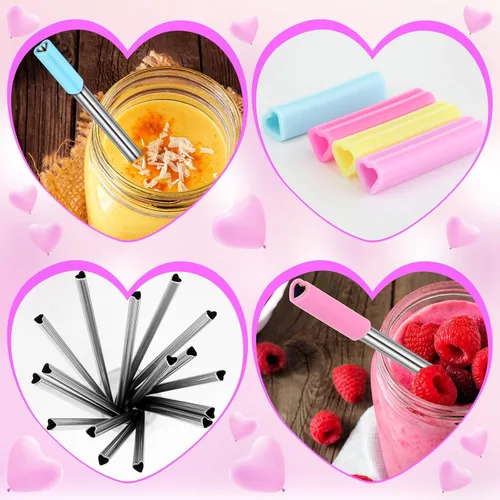 Vista 4 de Jutom Paquete de 8 pajitas de metal con forma de corazón, reutilizables, de acero inoxidable con puntas de silicona, lindas con 2 cepillos