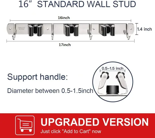 Vista 3 de IMILLET Paquete de 2 Soportes para Escobas y Fregonas con Montaje en Pared, Soporte para Escoba y Fregona de Acero Inoxidable, Autoadhesivo, Ganchos