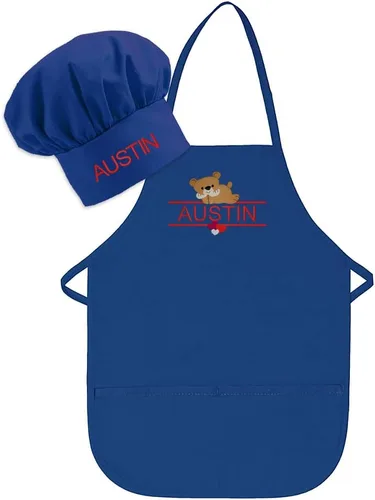 Vista 12 de Conjunto de delantal y sombrero personalizado para niños, diseño de animales, añade tu propio nombre para niños, cocina, horneado Blanco
