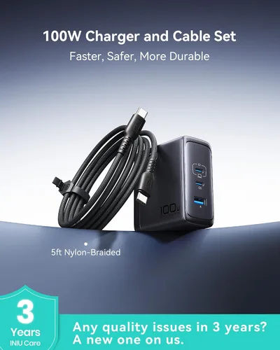 Vista 5 de INIU Cargador para iPhone 17, 3 puertos de 100 W USB-C + USB-A, cargador rápido compacto plegable USBC para iPhone 17 16 15 Pro Max, MacBook Air M4